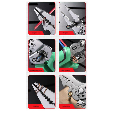 All In One Wire Stripper With Inductive Voltage Tester Pro Grade Electrician Cutting Tool in various function views