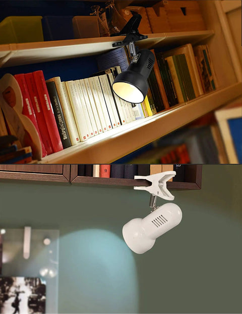 Clip On LED Desk Lamp With 5W Power, 360 Degree Rotatable Head, ultra bright light illuminating books on shelves.
