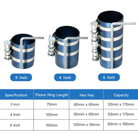 Front view of Worldity 8-pc piston ring compressor set in blue 3 inch, 4 inch, 6 inch sizes with fittings