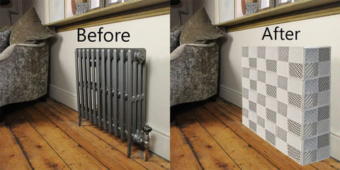 Before and after of Vented Interlocking Radiator Cover Tiles Set For Home And Office, No Tools Needed, Super Easy Install, White 30 Tile Pack