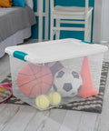 Super Tight Fit 64 Quart Clear Plastic Storage Bins 72 Pack with Snappy Hinged Lids holding sports equipment in a clear container.