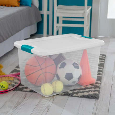 Super Tight Fit 64 Quart Clear Plastic Storage Bins 72 Pack with Snappy Hinged Lids holding sports equipment in a clear container.