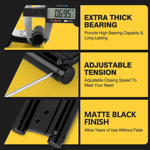 Workhorse 3 Inch Double Action Door Hinges Matte Black Heavy Duty Stainless Steel Spring Loaded Automatic Swinging Door Hardware Rock Solid Rust Resistant Four Pack Built To Last extra thick bearing and adjustable tension details