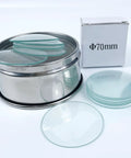 Pro Grade Lab Watch Glass Set 70mm Beaker Cover Lids For Chemistry 10 Pieces Clear Glass Watch Glasses shown stacked and arranged