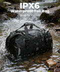Waterproof Motorcycle Dry Bag Tail Pack Duffle Luggage 40L splashing in river with quick release straps, rugged black design.