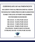 Certificate of authenticity for jewelry, detailing purity levels of gold, platinum, and sterling silver by Decadence.