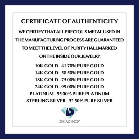 Certificate of authenticity for jewelry, detailing purity levels of gold, platinum, and sterling silver by Decadence.