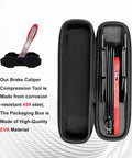 Brake caliper piston compression tool kit with red handle, 4 hooks and 2 steel plates in a black zip case.
