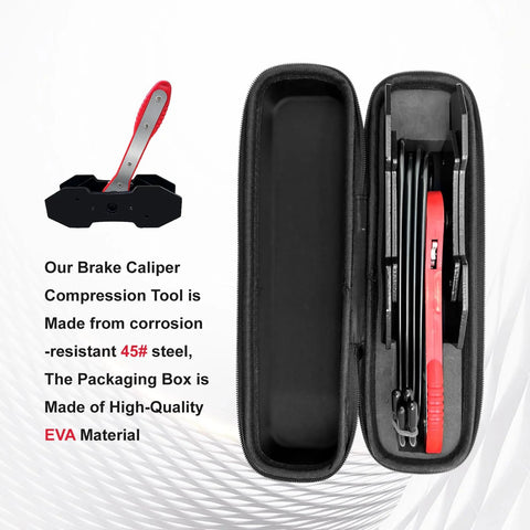 Brake caliper piston compression tool kit with red handle, 4 hooks and 2 steel plates in a black zip case.