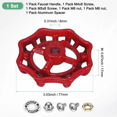 Heavy Duty Red Painted Cast Iron Outside Faucet Handle For 8x8mm Square Stem Spigot Valve Kit With Hardware showing dimensions and accessories.
