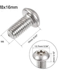 M8 X 16Mm Torx Security Pan Head Machine Screws In 304 Stainless Steel 10 Piece Set Heavy Duty Fasteners shown with dimensions.