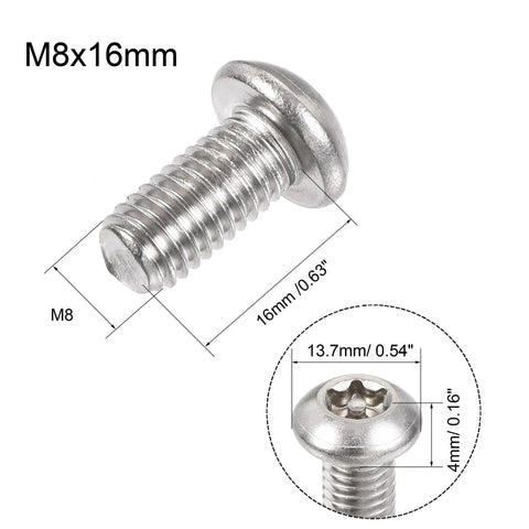 M8 X 16Mm Torx Security Pan Head Machine Screws In 304 Stainless Steel 10 Piece Set Heavy Duty Fasteners shown with dimensions.