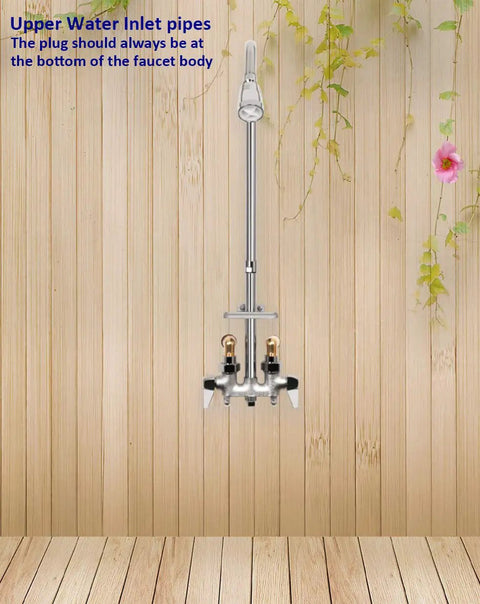 Outdoor Shower Fixture System With Rustproof Riser And Extension, viewed with soap dish and double handle faucet, polished chrome.
