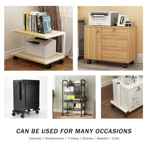 Set of 4 black 2-inch nylon casters with M8 threaded stems; swivel furniture wheels shown on carts and cabinets.