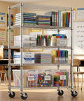 Tough As Nails Five Tier Chrome Wire Shelving Rack With Locking Casters And Nsf Certification For Kitchen Garage Or Home Office Storage Up To Three Hundred Fifty Pounds Per Shelf filled with books and classroom supplies.
