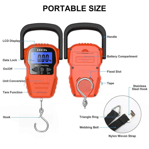 Portable Digital Fishing Scale With Measuring Tape, Backlit LCD Display, Data Lock, Lightweight 8.3 Oz Hanging Scale For Outdoor Fishing, Travel Luggage, Accurate Weight Readings For Freshwater And Saltwater shown front and back with hook and strap