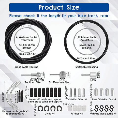 Bike Brake Cable And Shift Derailleur Cable Kit With Housing For Front And Rear Bikes Fits Mountain And Road Cycles includes sizes and components labeled.