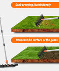 Heavy Duty Metal Thatch Rake For Lawn Care 15 Inch Wide Dethatcher With Sturdy Handle in use on grass and soil