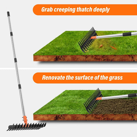 Heavy Duty Metal Thatch Rake For Lawn Care 15 Inch Wide Dethatcher With Sturdy Handle in use on grass and soil