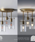 Ophelia 3 Light Semi Flush Ceiling Fixture In Gold Brass With Clear Glass Shades For Hallways Dining Rooms And Bedrooms Modern Farmhouse Style Perfect For Entryways Kitchens And Living Areas, lit view against ceiling