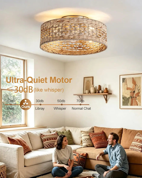 XINGSIYUELYX Boho Rattan Caged Fandelier Ceiling Fans with Lights in cozy living room setting, featuring woven rattan shade.