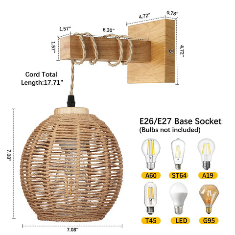 Rustic Farmhouse Globe Wall Sconce With Wooden Holder Vintage Lantern Lampshade For Cozy Boho Vibe Bedroom Lighting Indoor Wall Mount Light Paper Rope Modern Style Retro Wall Fixture Bulb Not Included with E26/E27 socket, dimensions and bulb compatibility displayed.