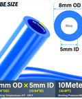 Image highlighting Blue 8mm OD 5mm ID Polyurethane PU Air Hose Kit 10 Meter Pneumatic Tube With Fittings Elbows Y Splitter And Unions 145 PSI Working Pressure -4 To 176 Fahrenheit dimensions and specifications.