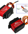 TD8135MG 360 Degree Continuous Rotation Servo With Full Metal Gear High Voltage Digital Servo Delivering Beefy 35Kg Cm Torque Operating From 4.8V To 8.4V Speeds 0.32 Seconds Per 60 Degrees At 4.8V And 0.22 Seconds Per 60 Degrees At 8.4V Ideal For RC Cars, showing two red and black servos with cable connections diagram.