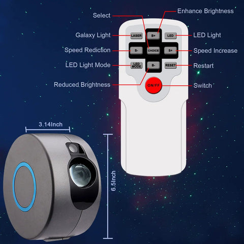 Lit Night Light Star Projector Galaxy Projector With Remote Control Nebula Cloud And Star Light Show For Bedroom Birthday Party Vibe Ultra Chill Room Decor Grey showing remote and dimensions
