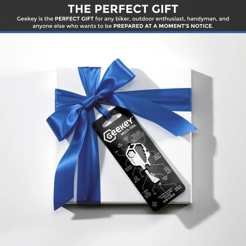 Gift box with 16 Function Dope Keychain Multitool With Bottle Opener, Screwdriver, Wrench, Box Cutter For Travel, Outdoor, And Hiking, TSA Safe EDC Tool, Compact Everyday Carry Gear, Great Gift For Dad, wrapped in blue ribbon