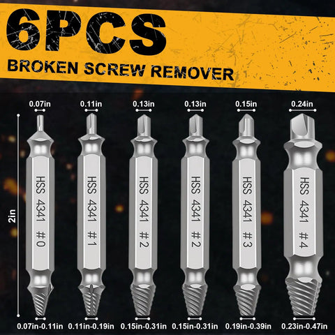 6-Piece Damaged Screw Extractor Set For Stripped, Rusty, And Broken Screws And Bolts - Easy Drill Bit Tools, size details