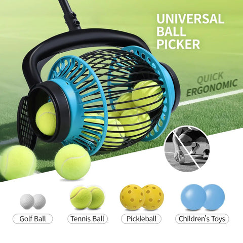 Portable Tennis Ball Hopper Roller No Bend Ball Collector With Quick Roll Telescopic Handle on green court