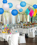 Blue And White Hanging Round Paper Lantern Set - 24 Pack Multi-Size Lanterns in wedding dining room decor