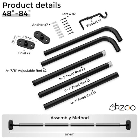 Wrap Around Curtain Rods Beefy Blackout Heavy Duty 1 Inch Curtain Pole For Windows 48 To 84 Inches Matte Black All Metal Construction Curved Modern Drapery Rod With Unique Design shown disassembled with components labeled.