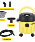 Three In One Wet Dry Vacuum With Blower Grab And Go Portable Shop Vacuum shown with accessories including hose, filters, and brushes.