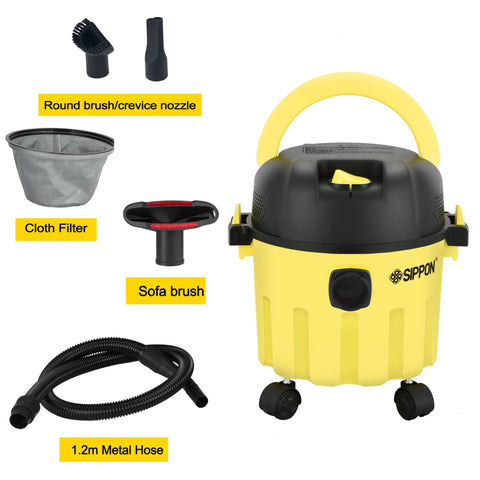 Three In One Wet Dry Vacuum With Blower Grab And Go Portable Shop Vacuum shown with accessories including hose, filters, and brushes.