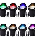 Eight Pack RGBW Landscape Lights For Outdoors, 10W low voltage multicolor yard lighting with remote controls, shown in-ground