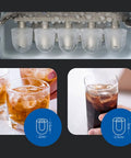 Straight Up Automatic Ice Maker With Smart Water Top Off And No Hassle Fetch Design For Home Bars And Boutique Stores Featuring Clear Preview Panel And Solid Abs Build For Snappy Serve Times, ice cubes in a tray and drinks with ice.