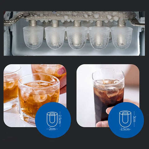 Straight Up Automatic Ice Maker With Smart Water Top Off And No Hassle Fetch Design For Home Bars And Boutique Stores Featuring Clear Preview Panel And Solid Abs Build For Snappy Serve Times, ice cubes in a tray and drinks with ice.