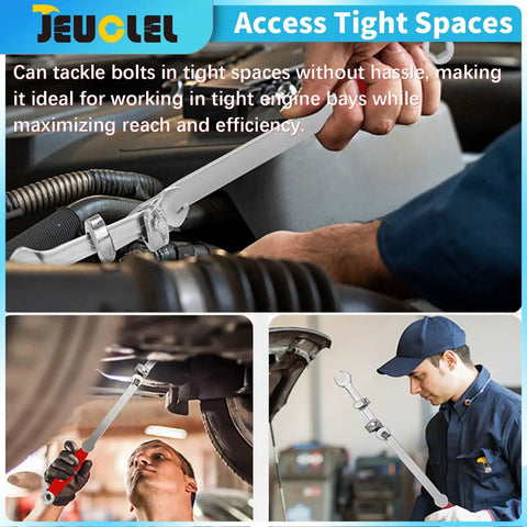 Fifteen Point Five Inch Wrench Extender Bar For Maximum Leverage And Torque Amplification Universal Torque Adapter Extension DIY Home Garage Tool For Mechanics And Handymen To Effortlessly Tighten Nuts And Bolts being used in tight spaces in a garage setting.