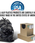 Heavy Duty 56 Gallon Black Trash Bags 100 Count Beefy Extra Thick 1.5 Mil Puncture Resistant Liners in USA packaging.
