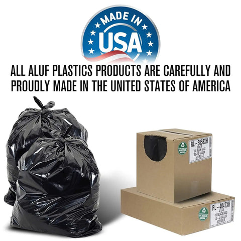 Heavy Duty 56 Gallon Black Trash Bags 100 Count Beefy Extra Thick 1.5 Mil Puncture Resistant Liners in USA packaging.