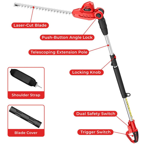 Go-To Pole Hedge Trimmer Cordless For Quick Cleanups Compatible With Milwaukee M18 Battery Extension Pole Up To 14 Feet Reach 18 Inch Trimmer For Hedge Trimming Battery Not Included, showing laser-cut blade, push-button angle lock, telescoping extension pole, locking knob, dual safety switch, trigger switch, shoulder strap, and blade cover.