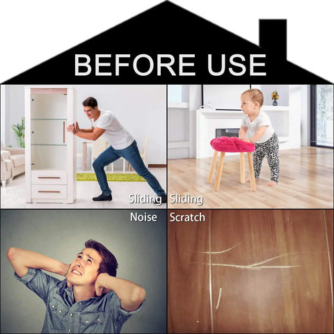 Before use scenario showing furniture sliding, noise, and floor scratch issues on hardwood without Non Slip Furniture Pads 24 Pack.