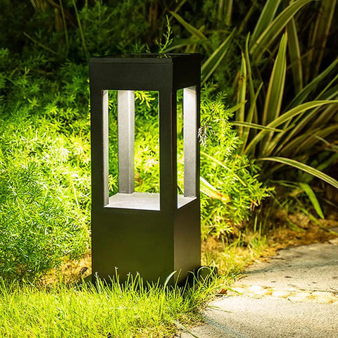 Bright LED Outdoor Post Light With Aluminum Housing IP55 Waterproof Square Pillar Bollard Lantern illuminating garden path.