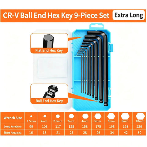 Premium Extra Long Ball End Hex Key Set Crafted From Heat Treated Crv Steel With Black Oxide Finish For High Torque Work And Stubborn Fasteners That Come In A Metric 9 Piece Kit, 9 sizes