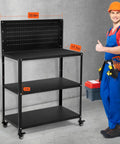 Beefy Heavy Duty Fifty Point Four Inch Steel Workbench With Pegboard And Lockable Rolling Wheels Mobile Tool Storage Table