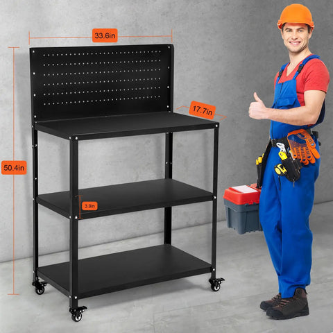 Beefy Heavy Duty Fifty Point Four Inch Steel Workbench With Pegboard And Lockable Rolling Wheels Mobile Tool Storage Table