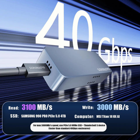 M.2 NVMe SSD Enclosure delivers sick 40Gbps Thunderbolt speeds with a sleek grey design, ideal for fast data transfers.