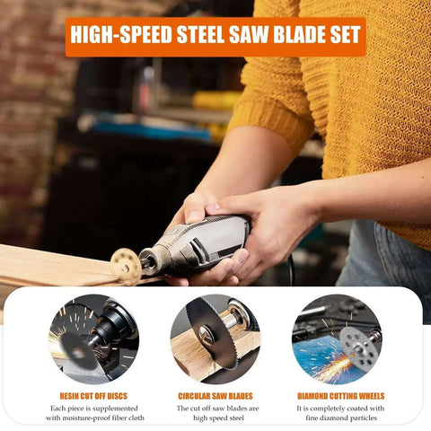 Go To Rotary Tool Cutting Discs Kit With Three Different Saw Blades For Wood Metal Plastic Glass And Stone Upgraded Cutting Wheel Set in use.